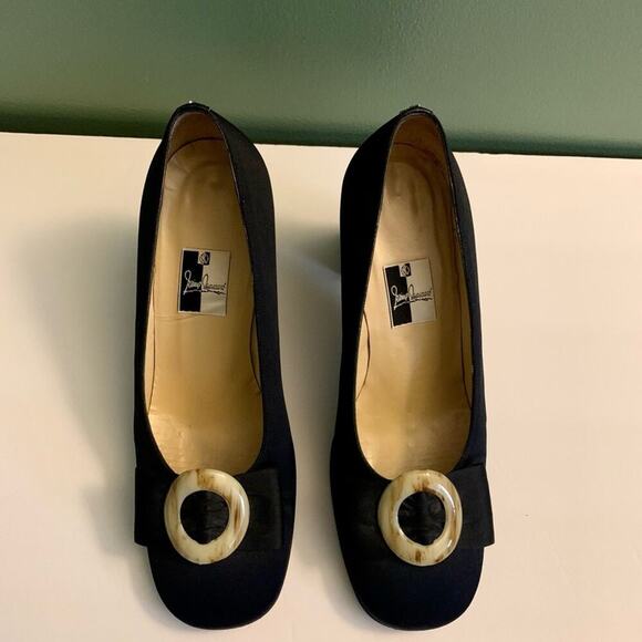 Vintage Jaime Mascaro Black Satin Dressy Retro Pumps Heels Bow Size 7.5 Tortoise - Picture 1 of 8